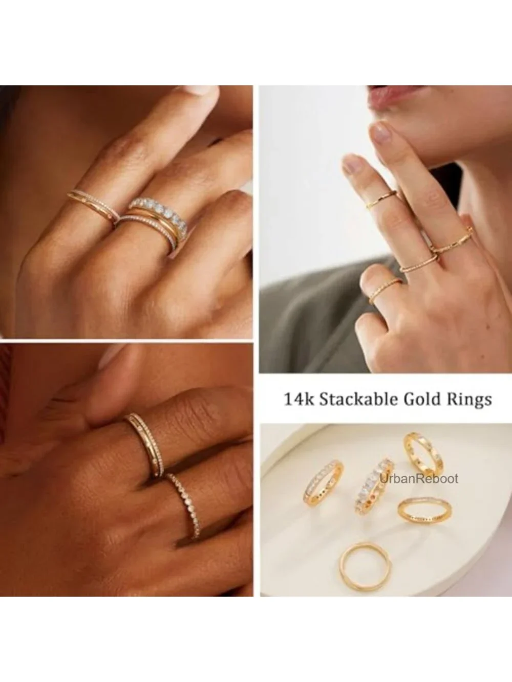 14k Gold Plated Stackable Rings Set for Women, 5pc Dainty Simulated Diamond